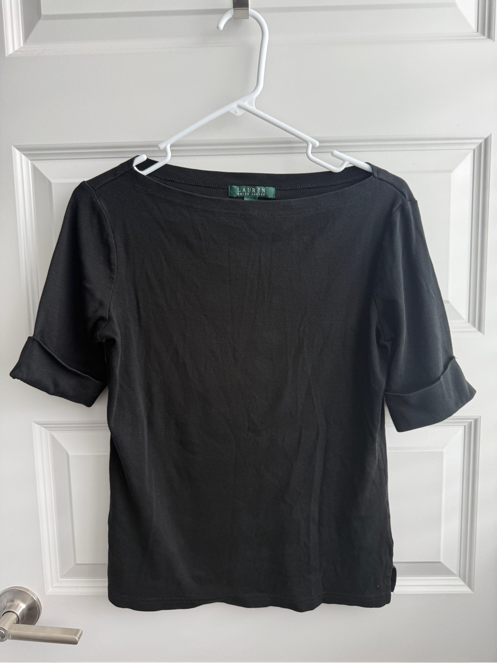 Lauren Ralph Lauren Black Boat Neck Knit Top Women’s Medium Cotton Short Sleeve
